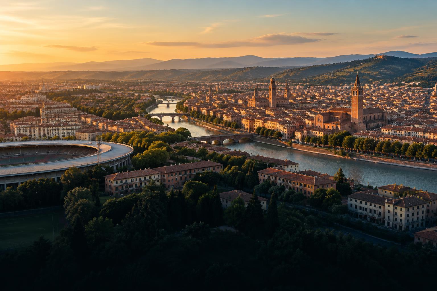 Veduta aerea di Verona dal quartiere Stadio verso il centro storico